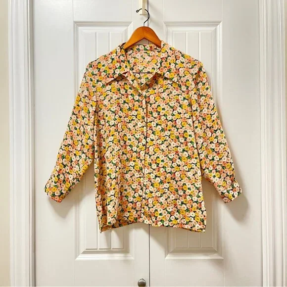 Vintage Floral Long Sleeve Button-Up Blouse Yellow - Picture 1 of 10